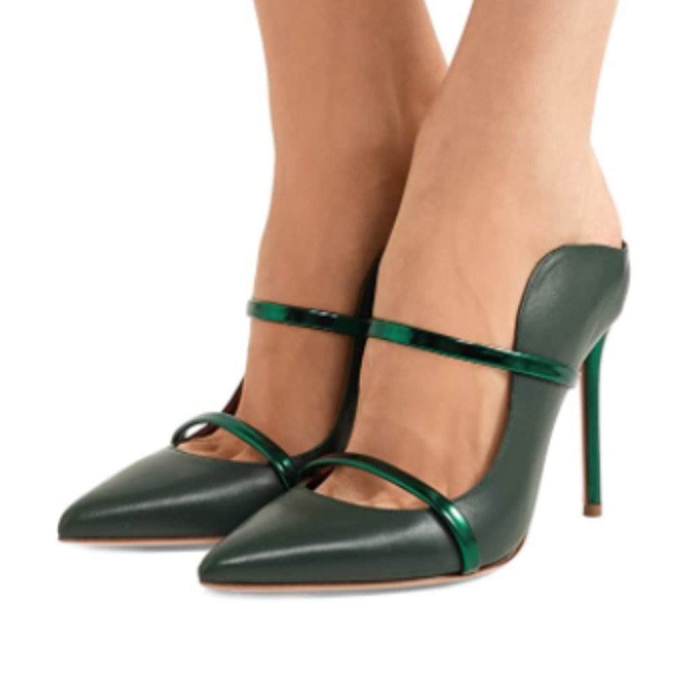 FSJ Green Pointy Toe High Heels Double Straps Slide Mules
